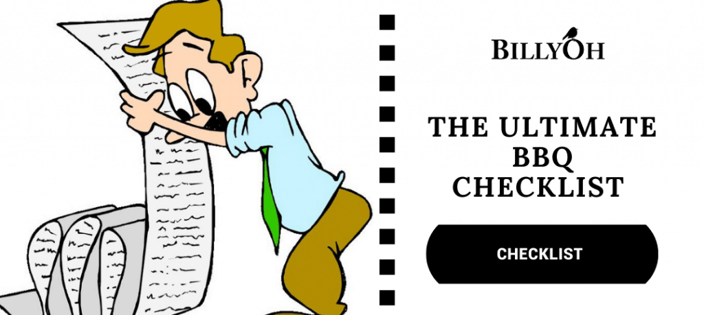 Ultimate BBQ Checklist with cartoon man in workwear holding a long list
