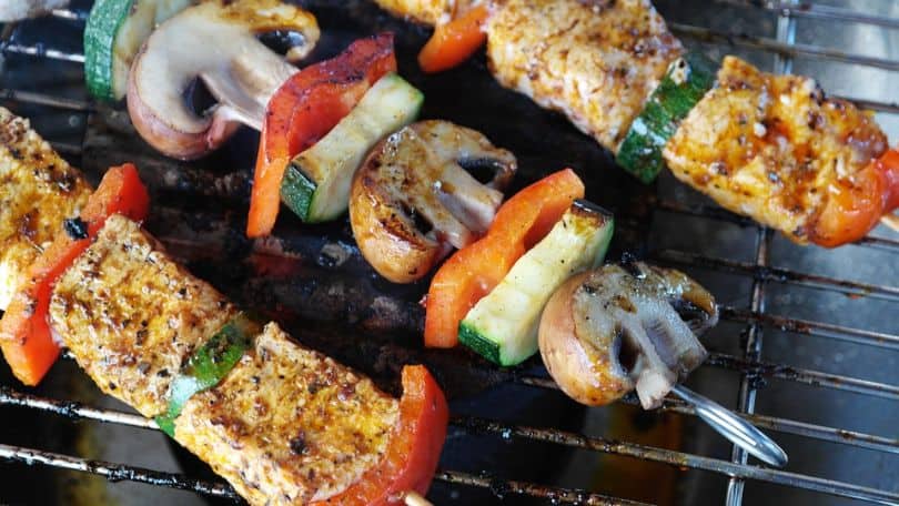 vegetable and tofu skewers on bbq