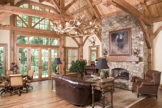 A luxurious log cabin with antler whitetail chandelier