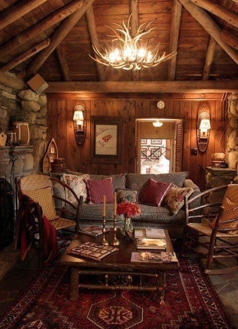 Classic, log cabin interior for entertainment