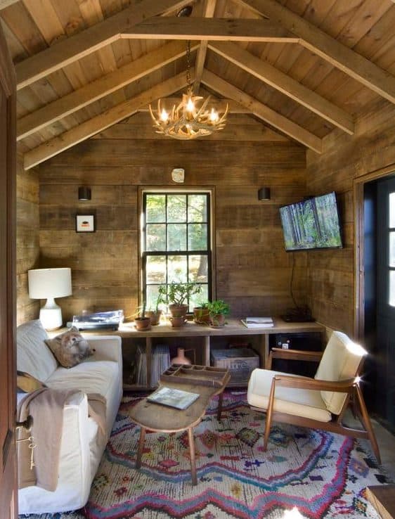 All in one cabin retreat with home office, living room, and a reading nook