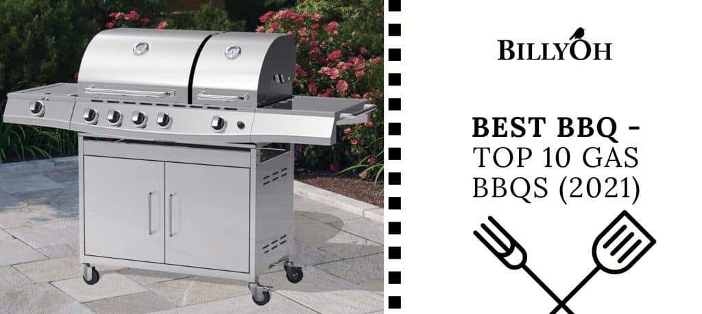 BillyOh Dallas Silver 5 Burner Gas BBQ on patio with 'Best Gas BBQs' banner with BillyOh Logo