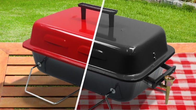 BillyOh portable gas tabletop BBQ split between black and red models on wooden table with gingham cloth