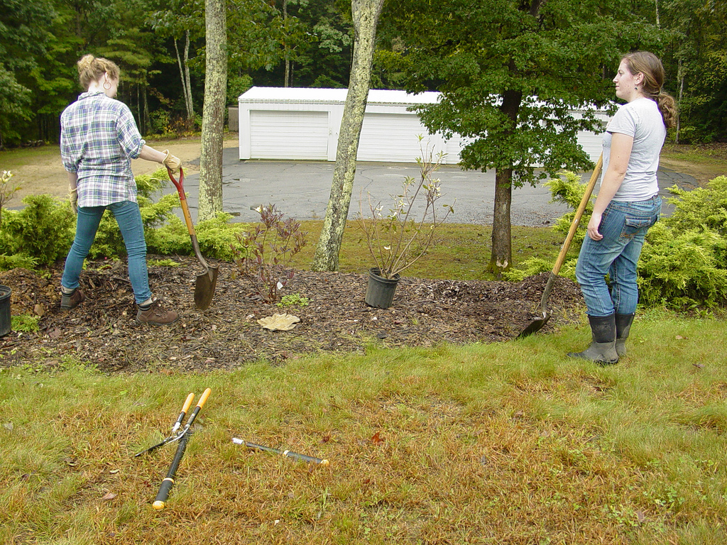 Two women doing landscaping work