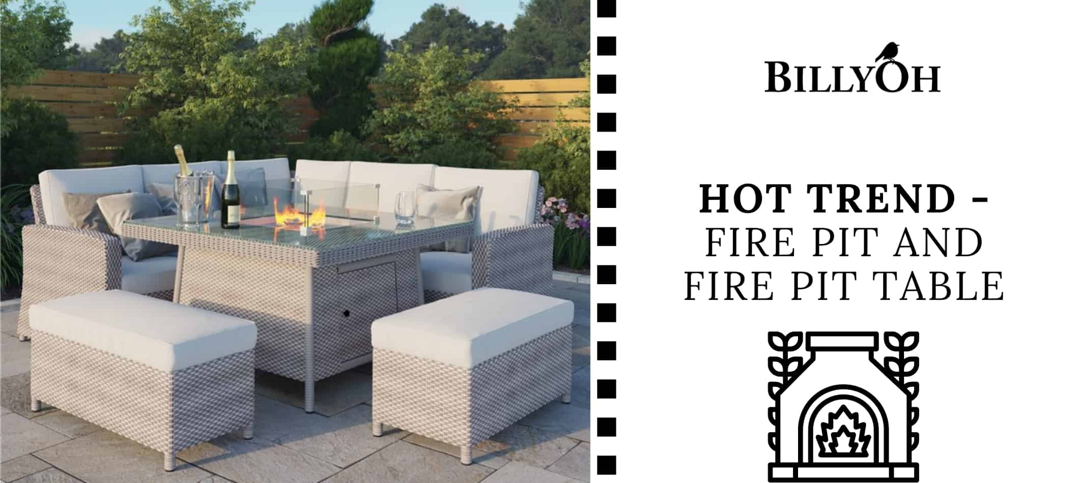 BillyOh corner fire pit table sofa set with BillyOh logo and white and black cartoon film reel banner