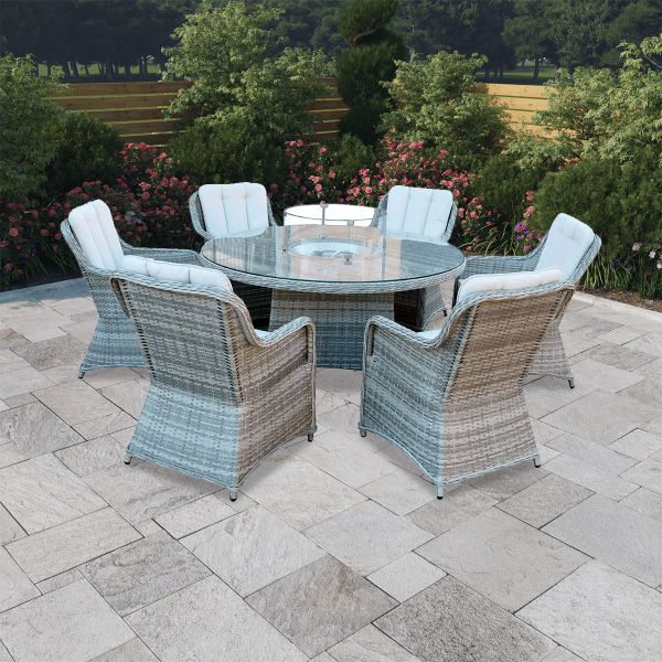 BillyOh Parma 6 Seater Round Outdoor Rattan Garden Dining Set with Firepit Table