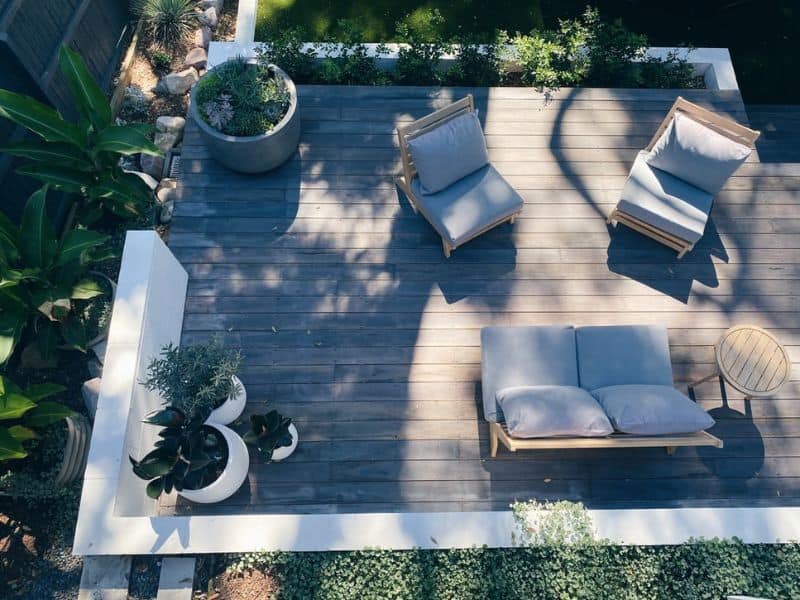 garden furniture aerial view on decking