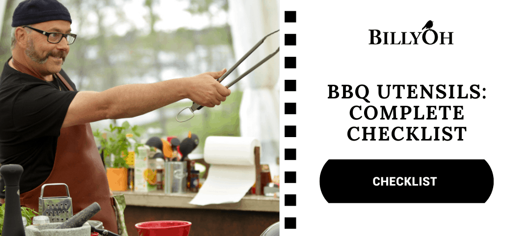 BBQ Utensils Checklist With Grillmaster Holding Tongs