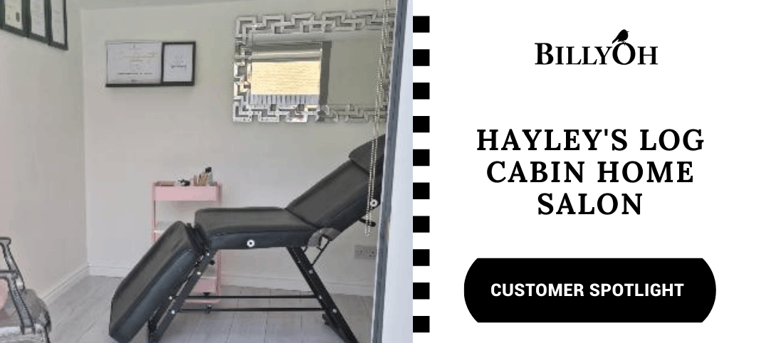 Hayley's Log Cabin BillyOh Devon salon with reclining makeup chair