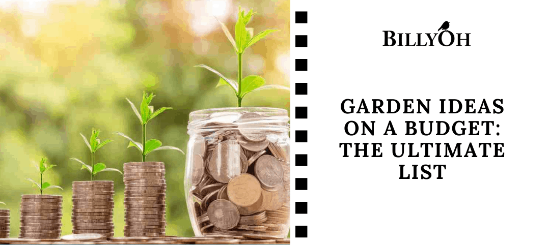 Garden Ideas on a budet with piles of money and a jar of money with shoots growing out of them