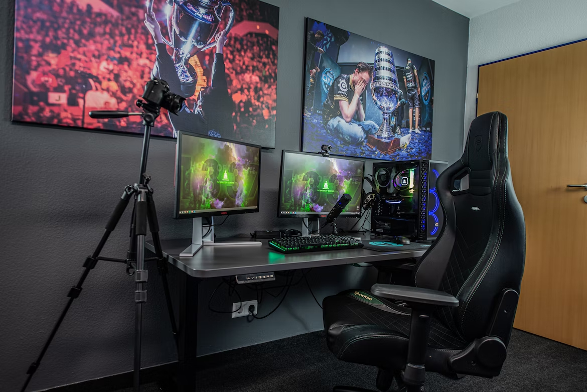 A mini gaming room decorated with massive posters