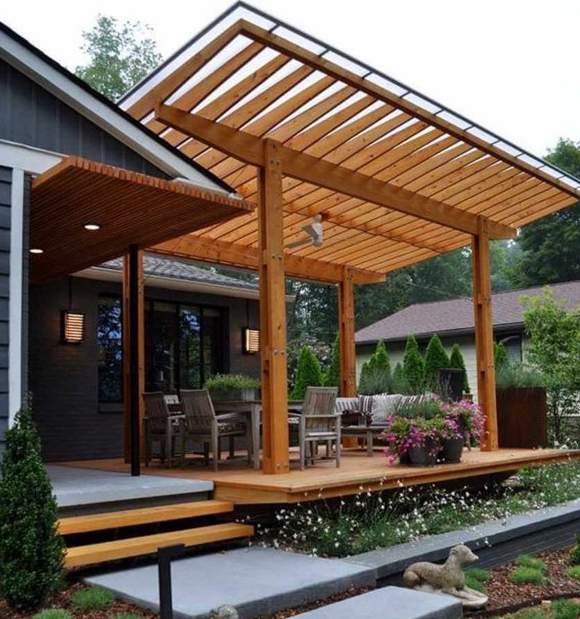 Solid cherry wood pergola with transparent roof