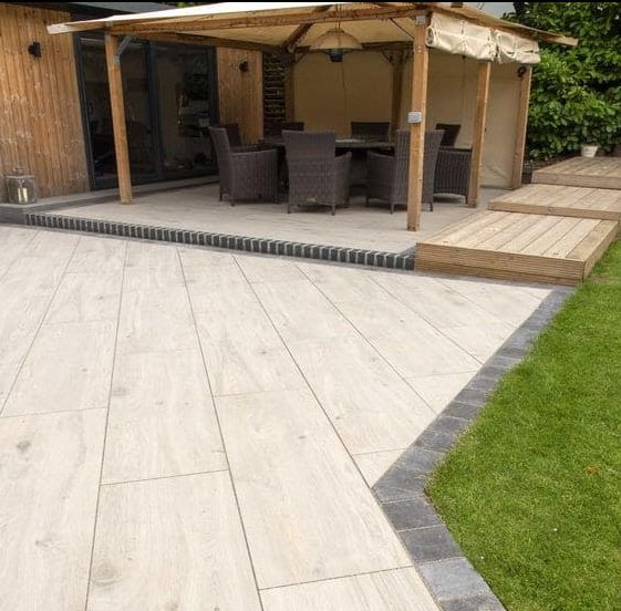 Porcelain and timber design combination, giving off a Mediterranean-inspired outdoor space