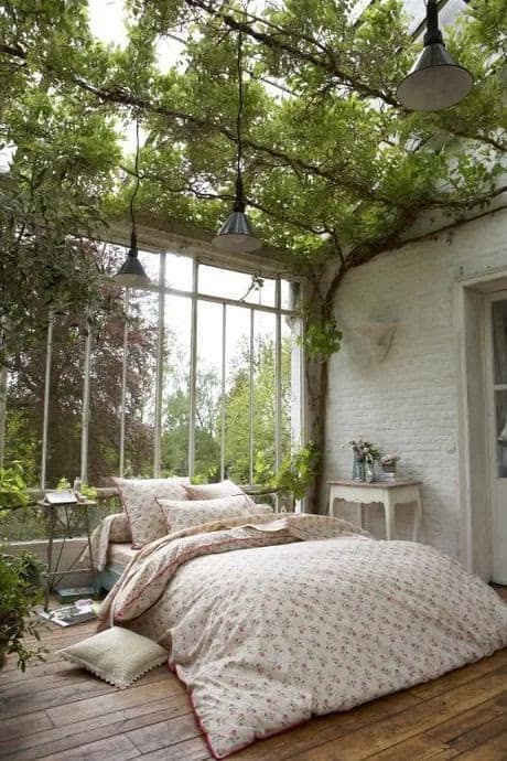 Open-space garden room with plants acting as the roof