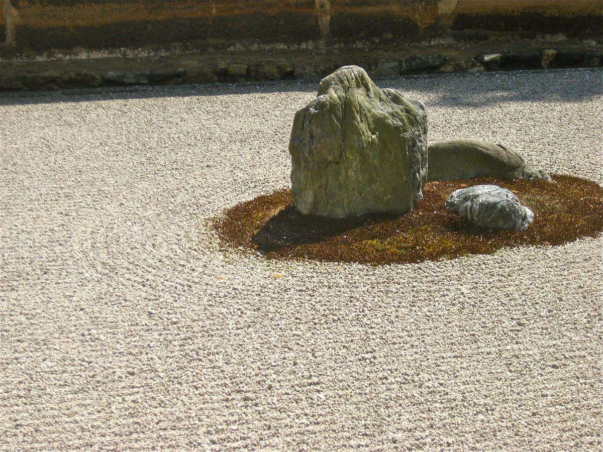 Zen garden featuring small rock formation and gravel