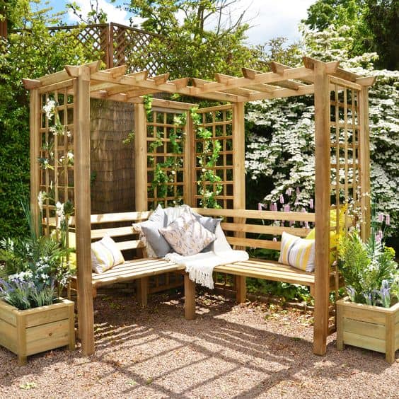 wooden bench and pergola