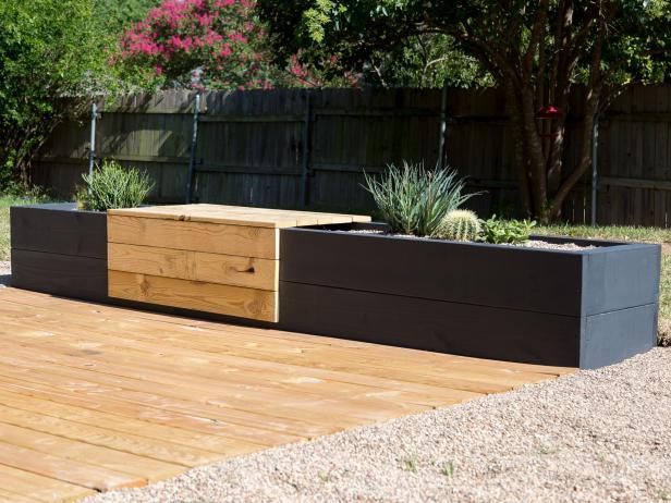 modern planter bench in black and natural wood