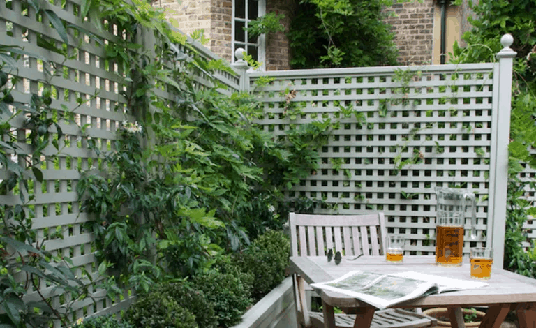 trellis style fence with table and drinks pitcher