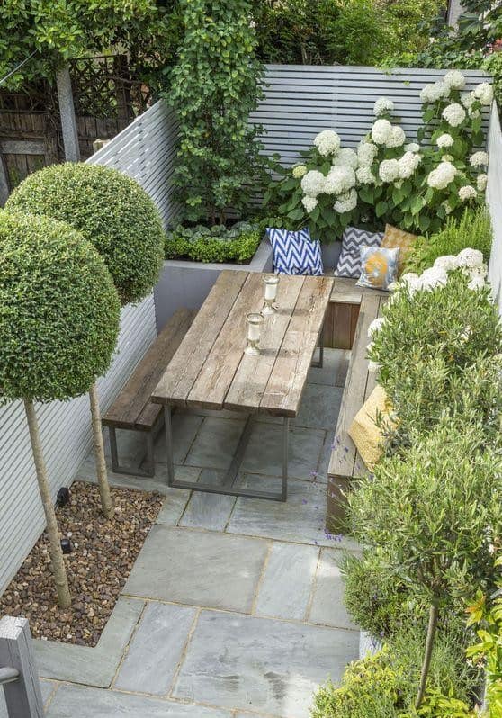 Small Garden with wood table and pruned trees