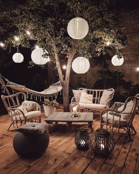 bohemian garden with paper lanterns