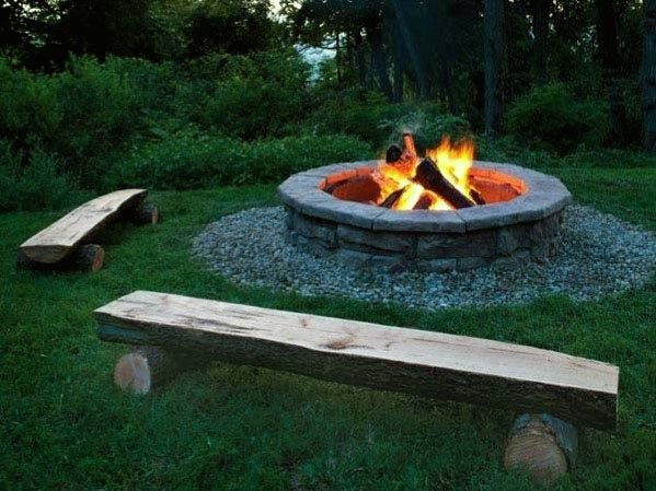 log benches around a fire pit