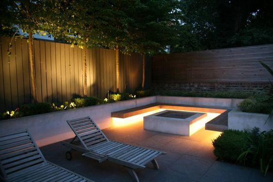fire pit lighting with sunloungers