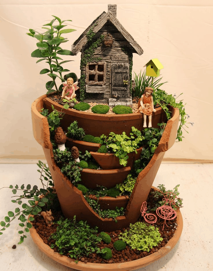 Broken pot fairy garden