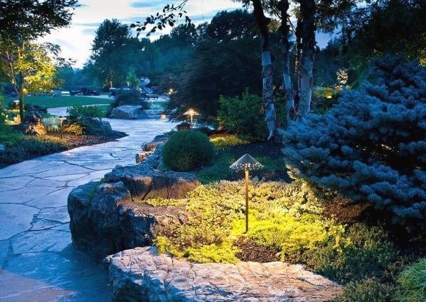 tiny umbrella lit on a rockery