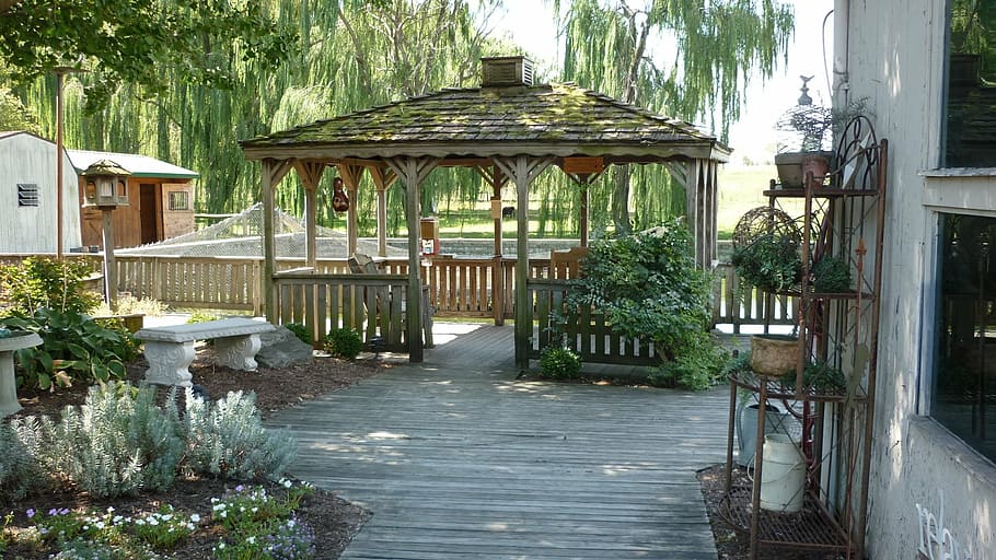 Garden path with wooden decking that leads to a wooden pergola