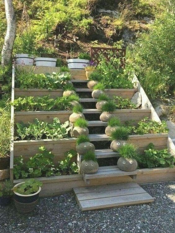 Wooden stairs and planters for no wasted space