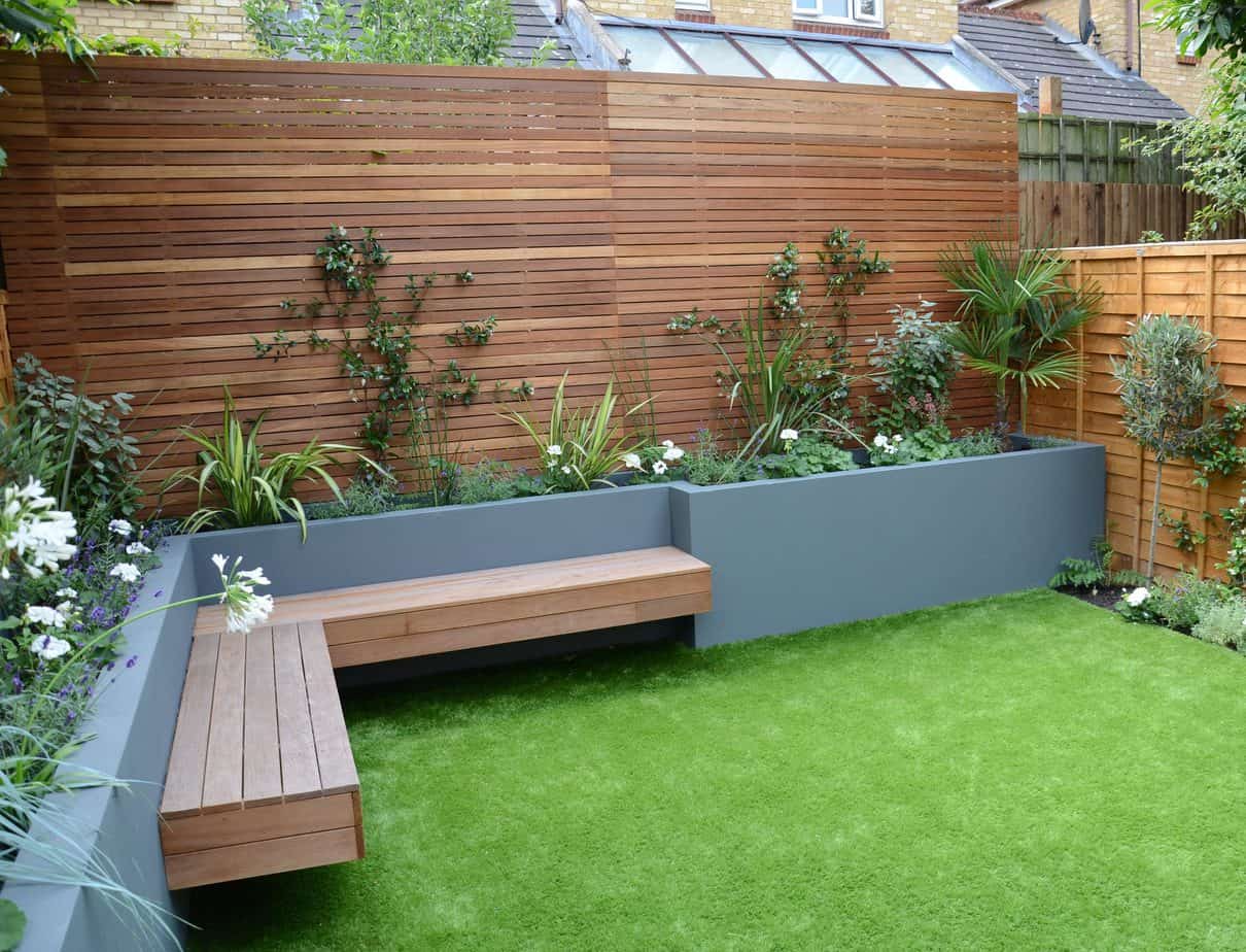 Timber benches on garden bed