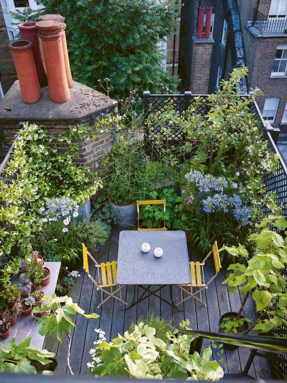 Small roof garden surrounded by beautiful plants and flowers