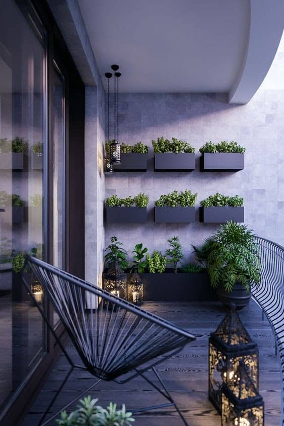 Modern looking balcony with lanterns