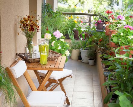Add cafe chairs and small table on the balcony along with flowers and plants