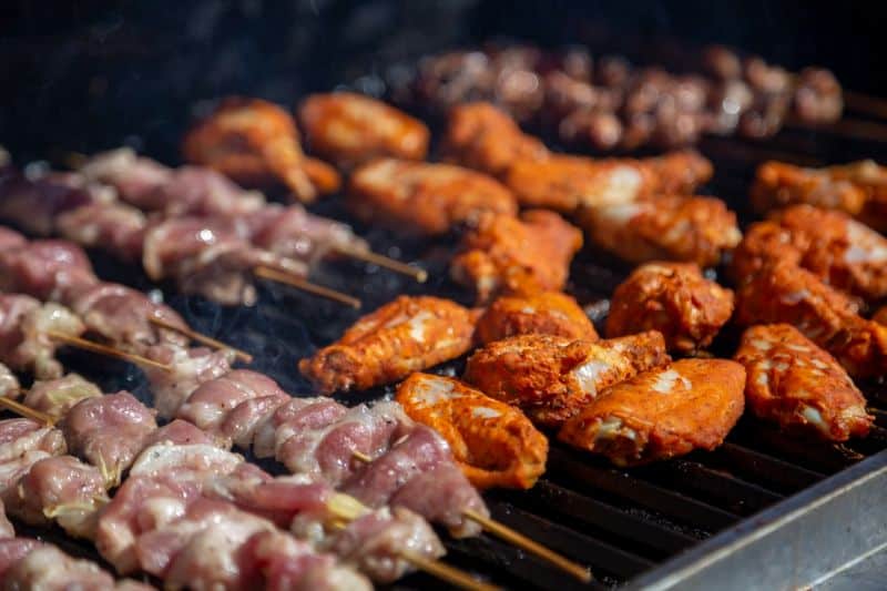 A variety of kebabs and skewers on the grill