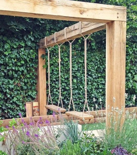 Backyard swings with wooden structure