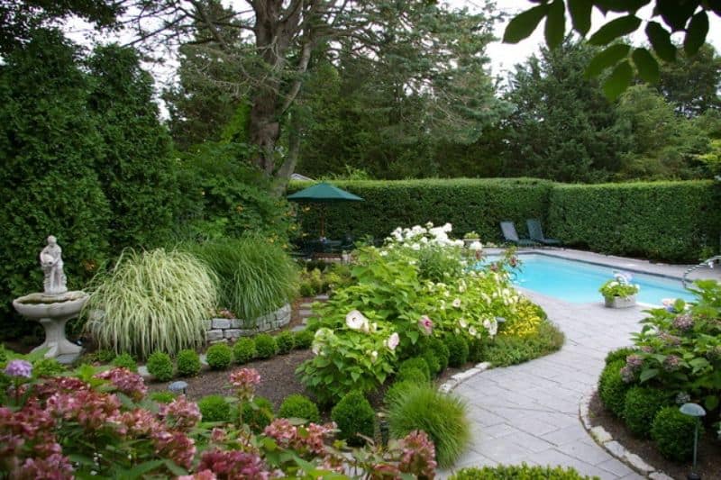garden pool with hedges and flower beds