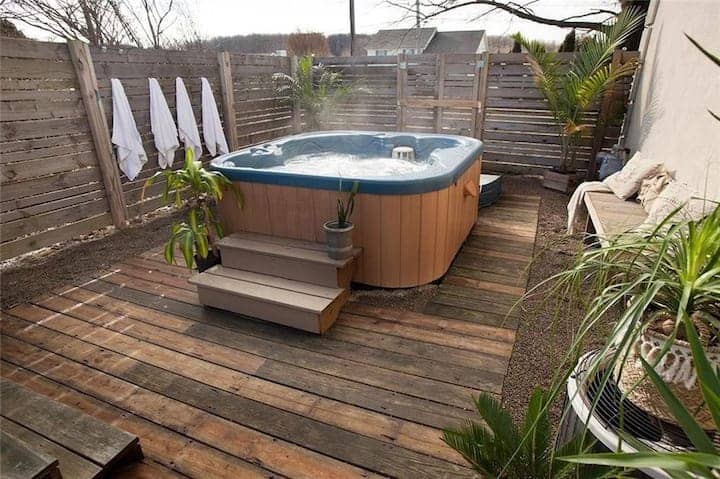 Acacia hardwood material for this hot tub deck concept