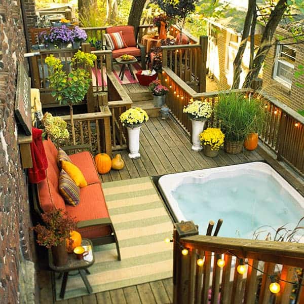 A multifaceted hot tub deck