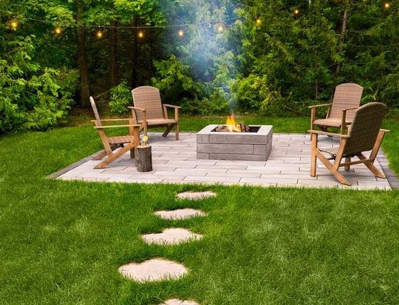 A fire pit island with stepping stones