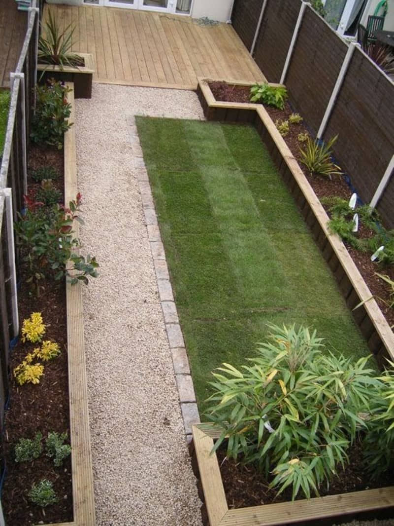 Some simple garden beds on the sides, nicely-cut grass and a pebble path