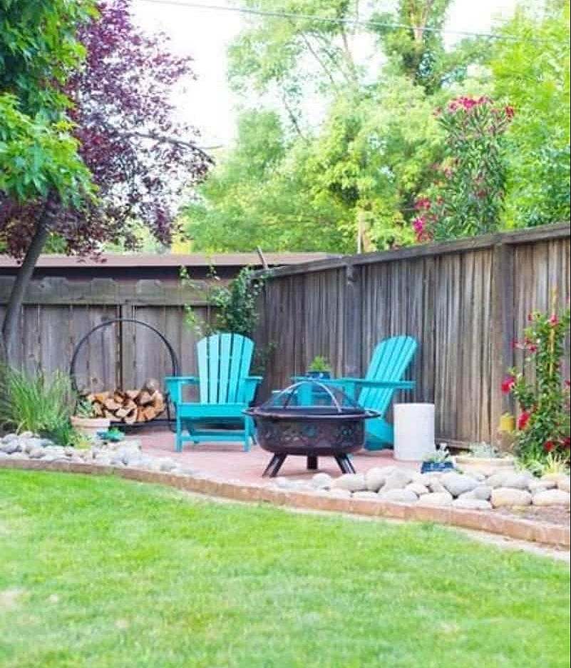 Blue chairs and fire pit