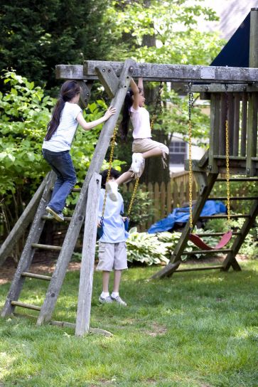 Backyard swings with kids on the monkey bars