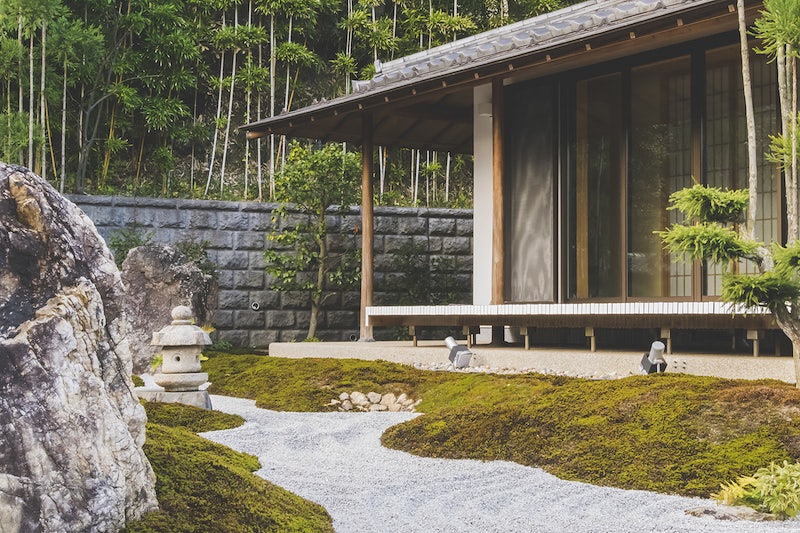 Zen garden with Japanese spa gazebo