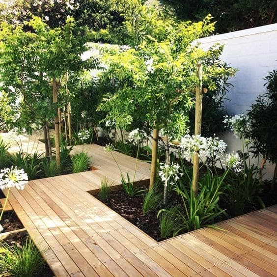 A modern wooden pathway and tall plants and trees 