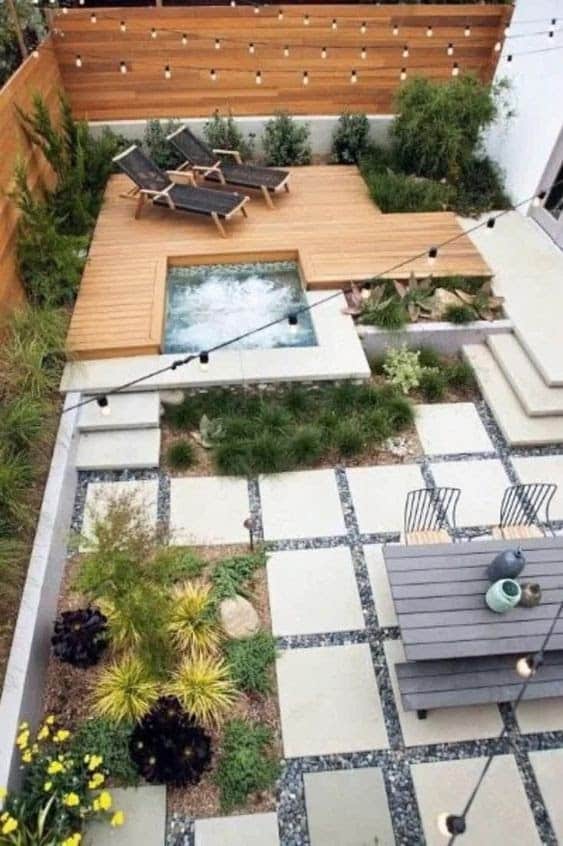 Clean, sharp lines giving this narrow garden a modern feel. Plus, with a Jacuzzi