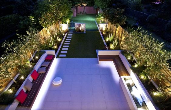 Modern backyard with lights