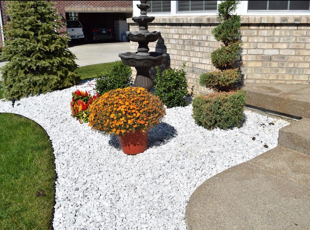 White rock with green bush front yard landscape
