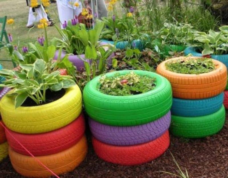 Planters in coloured tires