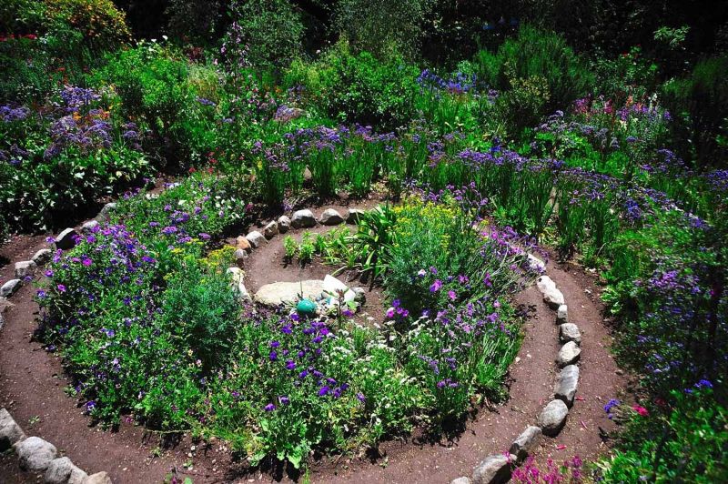 Spiral garden made from stones and flowers